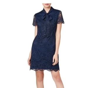 Betsey JohnsonLace A-Line Mini Dress Navy Blue Tie Neck Wedding Guest Party Sz 6 - Picture 1 of 9