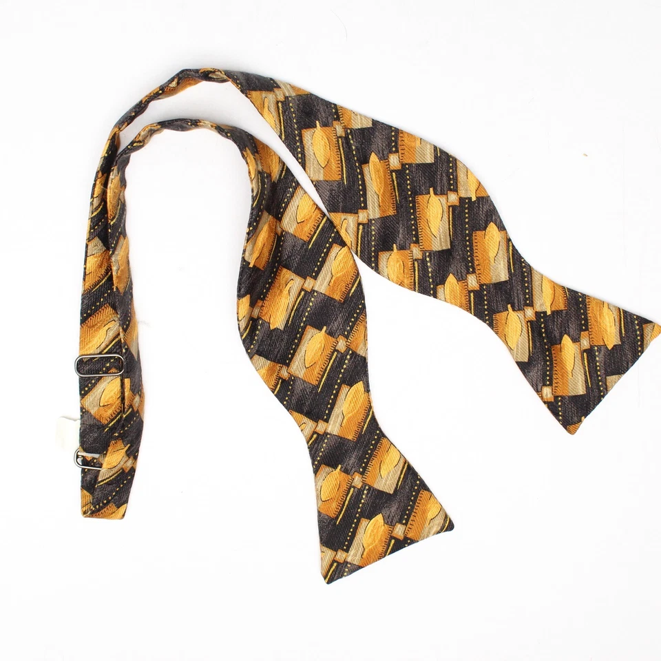 Pajarita de seda Robert Talbott para hombre dorada negra geo hoja estampado mariposa  Foto 1 de 4