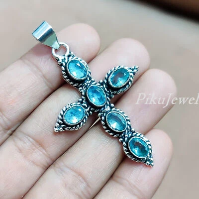 Gioielli con ciondolo a croce fatto a mano in argento sterling 925 pietra... - Immagine 1 di 4