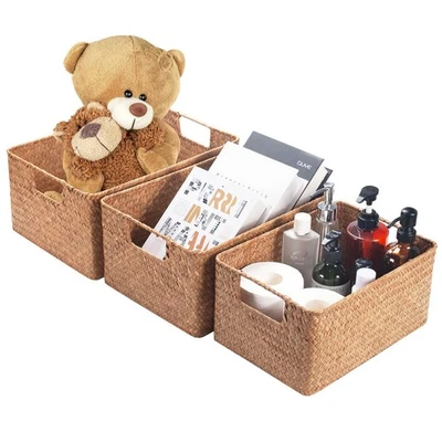 Juego de 3 cestas de almacenamiento de mimbre YANGQIHOME | Contenedores tejidos de pastos marinos con asas Foto 1 de 4