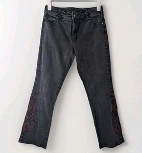 Harley Davidson Women's Black Jeans Sz 10 Flame Embroidery Moto Biker Denim - Picture 1 of 11