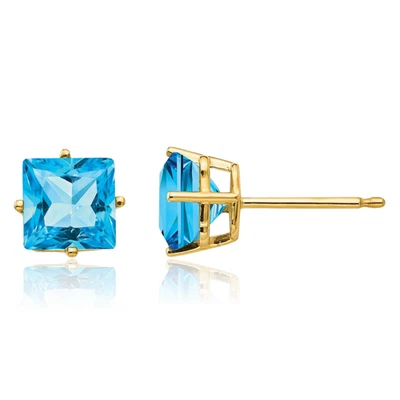 14K Solid Yellow Gold 6mm Princess-Cut Swiss Blue Topaz Stud Earrings - Image 1 of 4