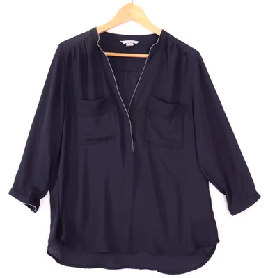 H&M Semi Sheer Crepe Blouse Top Size 44 fit 12 14 Blue Silver Bead Trim Plunged - image 1 of 4