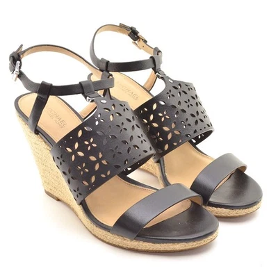 Womens Michael Kors Darci Wedge Espadrille Heels 8 M Black Leather Sandals Shoes - Image 1 of 4