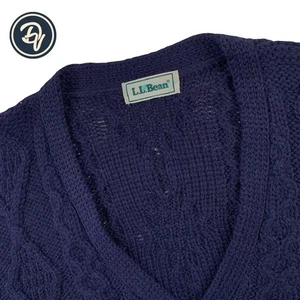 Mens XL L.L. Bean Navy Blue Cable Knit Heavy Pure New Wool Cardigan Made Ireland - Picture 1 of 10
