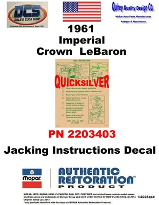 1961 Imperial Crown LeBaron Jacking Instructions 2203403 NOVO MoPar EUA - Imagem 1 de 3