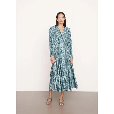 Vestido Camisa Vince Talla Pequeña Verde Berry Blooms Plisada Midi Manga Larga OS37-1 Foto 1 de 4