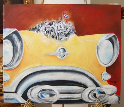 LARGE BOLD PAINTING OF OLD CAR  WITH HAVANA CITYSCAPE CUBAN FLAG ARTIST ARISTIDE - Image 1 of 4