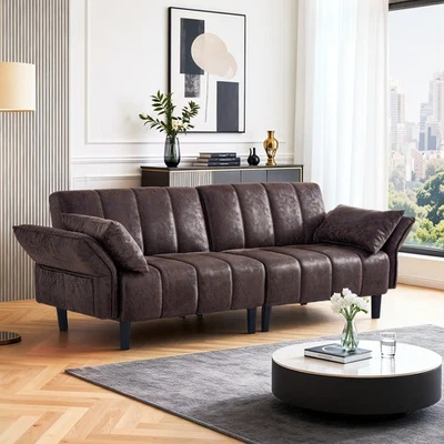 Sofá cama convertible 3 en 1 de cuero café con respaldo ajustable Foto 1 de 4