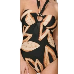 DKNY Größe L Einteiler Badeanzug schwarz braun Blatt botanisch V-Ausschnitt Schlüsselloch zum Binden neu mit Etikett - Bild 1 von 15