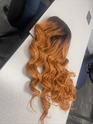 Peluca larga ondulada castaño rojizo rojo marrón ombre con flequillo mezcla de cabello humano resistente al calor  Foto 1 de 2