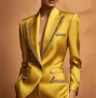 Shiny Satin Women's Suit Luxury Beaded Formal Office Lady Guest Wear Prom 2pcs - Image 1 of 4