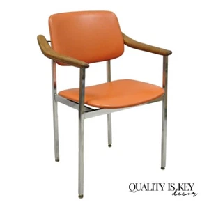 Vintage Mid Century Modern Orange Chrome Frame Sloped Wooden Arm Chair - Picture 1 of 12