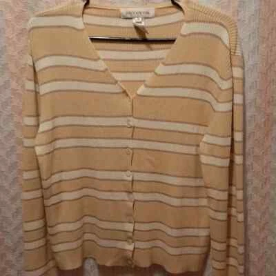 Cárdigan Informal Neutro Beige y Blanco Rayas Jones New York Botón Frontal Foto 1 de 4