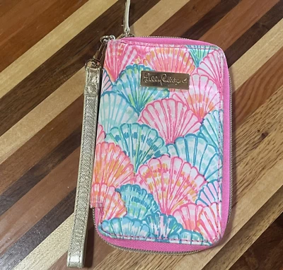 Muñequera para mujer Lilly Pulitzer rosa y verde azulado cremallera todo alrededor correa dorada billetera Foto 1 de 4