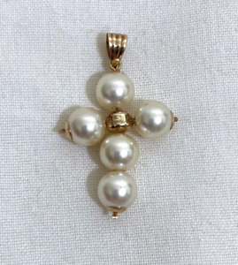 Cross Rose Gold Tone with 5 Faux Pearls 1 1/4" Height Dangle Pendant