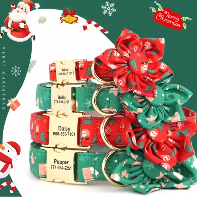 Personalized Christmas Dog Collar with Flower Custom Engraved Green Red S M L - Image 1 of 4
