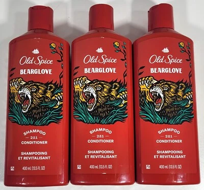 Lot of 3 Men's Old Spice Bearglove 2 in 1 Shampoo & Conditioner 13.5 Oz Each - Image 1 of 3
