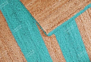 Natural Jute Rug With Turquoise Stripes, Living Room Decorative Rug, Turkish Rug - Picture 1 of 8