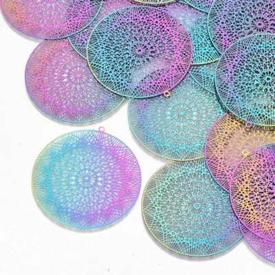 50x Flat Round Rainbow Stainless Steel Filigree Pendants Embellishment 44.5x43mm - Изображение 1 из 2
