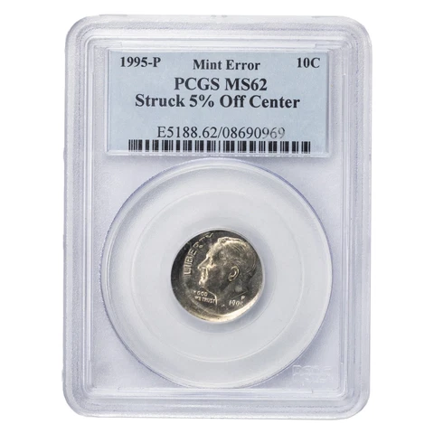 United States 1995-P 10 Cents Dime Coin - PCGS MS-62 5% Off Center Error Cover