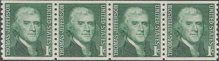 Coil strip of 4 stamps - Scott 1299 - 1 cent - Thomas Jefferson - 1968 - MNH - Image 1 of 1