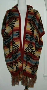 American Eagle Southwest Fringe Trim Hooded Open Blanket Cardigan Sweater Medium - Picture 1 of 4
