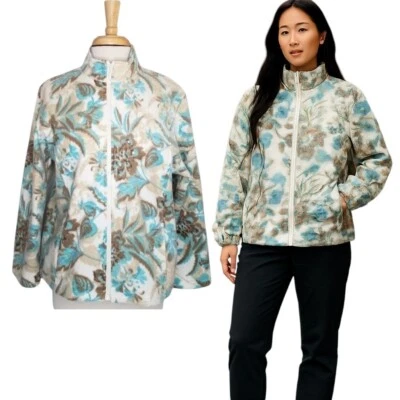 Chaqueta polar suave Alfred Dunner para mujer talla PL blanca/turquesa floral cremallera completa Foto 1 de 4