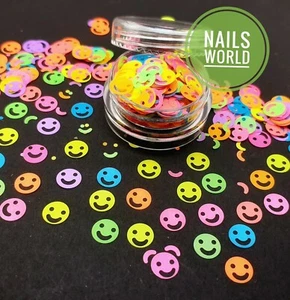 Nail Art Glitter SMILEY FACE Neon Colours Acid Man Decoration Craft Manicure UK - Picture 1 of 3