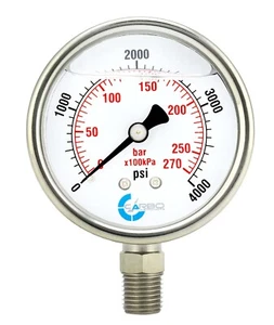 2" Pressure Gauge, Stainless Steel Case, Liquid Filled, Lower Mnt, 4000 PSI - Picture 1 of 4