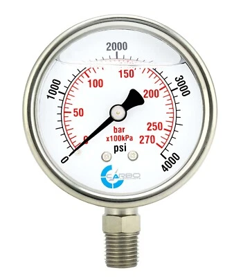 2" Pressure Gauge, Stainless Steel Case, Liquid Filled, Lower Mnt, 4000 PSI - Image 1 of 4