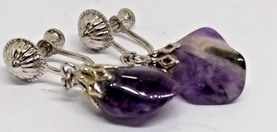 Par De Pendientes Colgantes De Colección Piedra Amatista Púrpura Tono Plata Tornillo Trasero Foto 1 de 4