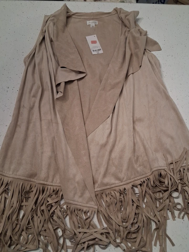 New Decree Faux Leather Suede Fringe Vest Womens Large Tan Hippie Boho Western - Image 1 of 4