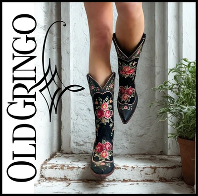 NIB Old Gringo L3756-6 Bridgette Floral Embroidered Black Leather Boots • Size 9 - Image 1 of 4