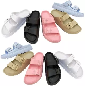 WOMENS LADIES FLATFORM LIGHTWEIGHT DOUBLE BUCKLE SLIDERS FLIP FLOPS SANDALS SIZE - Picture 1 of 6