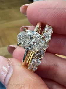 2.90 CTW Oval Cut Moissanite Wedding Gift Bridal Set Ring 14K Yellow Gold Plated - Picture 1 of 8