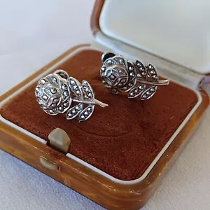 Vintage Sterling Silver Marcasite Earrings Stem Rose Design Screw Back .75" - Picture 1 of 10