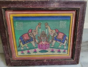 Antique Old Collectible Fine Hand Painted Paper Painting Goddess Laxmi Gajlaxmi - Picture 1 of 6