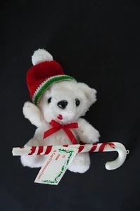OSO NAVIDAD BLANCO VINTAGE CON BASTÓN DE CARAMELO PELUCHE 5" - Imagen 1 de 2