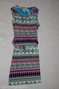 Girls SUMMER DRESS Turquoise Pink Ivory TRIBAL AZTEC STRIPE Lace Panel XS 4-5 - Picture 1 of 2