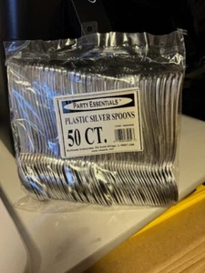 Party Essentials Plastic Spoons Metallic Silver 50 Ct. Party Tableware New!!! - Picture 1 of 2