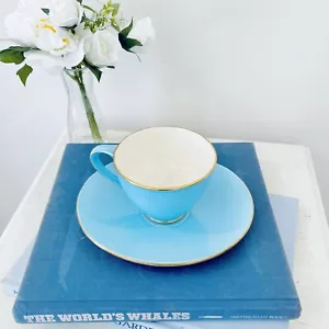 Salins France Tea Cup And Saucer Blue Gold Coffee Vintage MCM 1950s - Picture 1 of 9