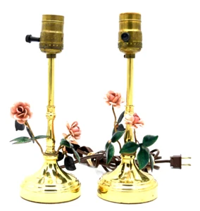 Vintage Bovano Enamel Flower Rose Lamp Pair Set Floral Pink Green Brass Stick - Picture 1 of 6