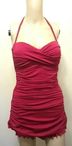 DOBREVA Dark Cerise Bandeau Skirted Halter Tummy Control One Piece Swimsuit 8-10 - Afbeelding 1 van 11