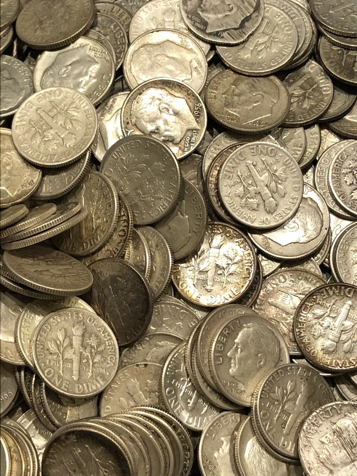 Лот из 250 серебряных десятицентовиков с изображением Рузвельта 90% - 5 полных рулонов серебряных монет L8 - Изображение 1 из 1