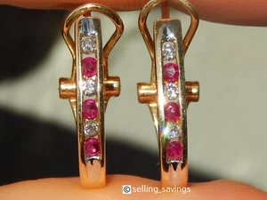 14K YELLOW GOLD RUBY & DIAMOND OMEGA BACK 8/10th INCH TALL HUGGIE HOOP EARRINGS - Picture 1 of 17