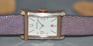 Bulova Ladies Diamond Gallery White Dial Purple Genuine Leather Watch 98R197 - Picture 1 of 5