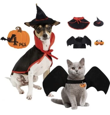 Disfraces para mascotas de Halloween TFTSR, capa de vampiro/sombrero de bruja, alas de murciélago/campanas de calabaza Foto 1 de 4