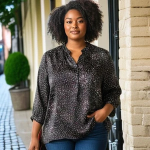 Belle By Kim Gravel Bluse 3X Plus Satin Blumen Oberteil fließend Langarm romantisch  - Bild 1 von 21