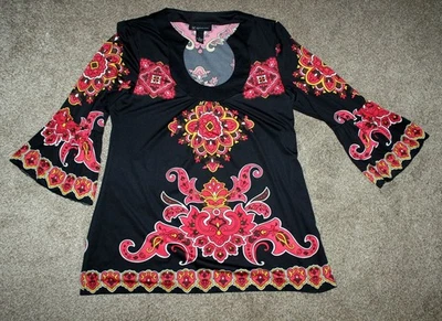 Womens Boho Hippie Style Tunic Top w/Bright Red & Yellow on Black - M - Image 1 of 4